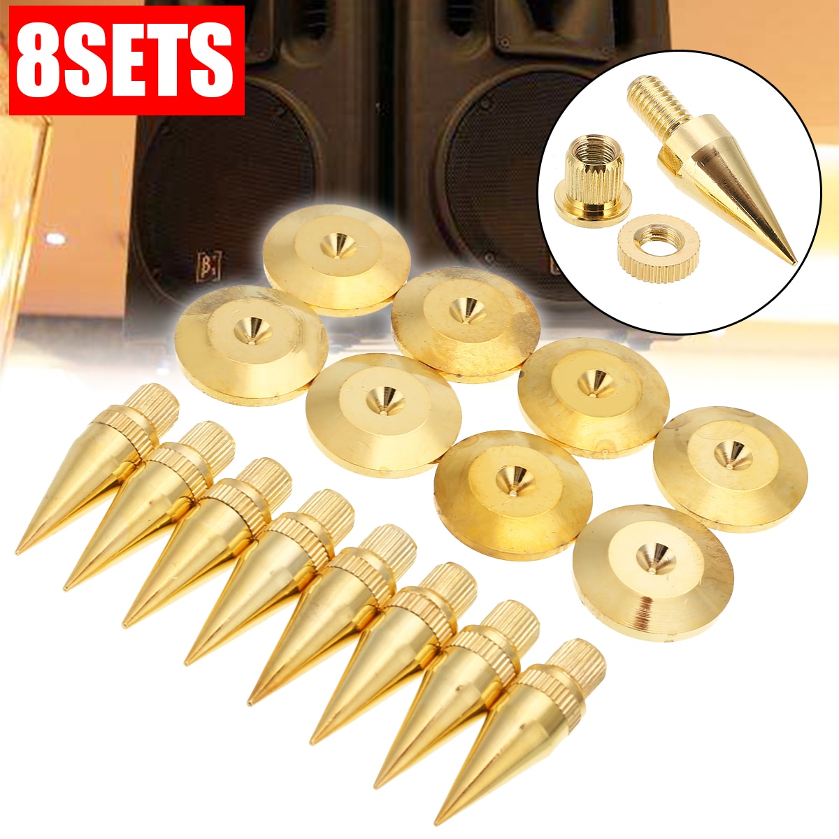 8sets M6*36 Golden Speaker Isolation Spike Copper Isolation Cone Stand Feet+Base Pads Floor Discs Mayitr