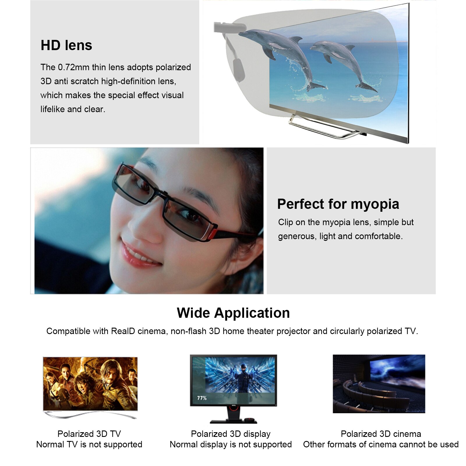 0.72mm HD Lens Clip-on 3D Glasses for Myopia Watching Passive Circular Polarized 3D Glasses for 3D TV Movie Cinema RealD Cinema