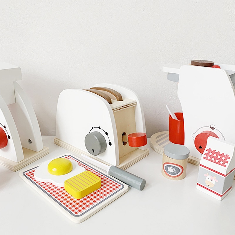 Wooden Pretend Play Sets Simulation Toasters Bread Maker Coffee Machine Blender Baking Kit Game Mixer Kitchen Role Toy Wood