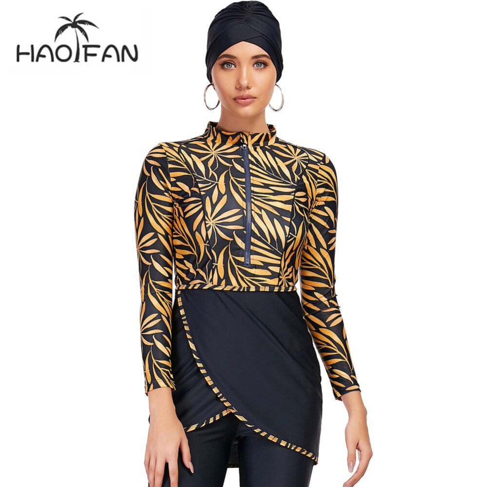 Haofanmuslim badetøj kvinder beskedent patchwork hijab lange ærmer sport badedragt 3 stk islamiske burkinis bære badedragt