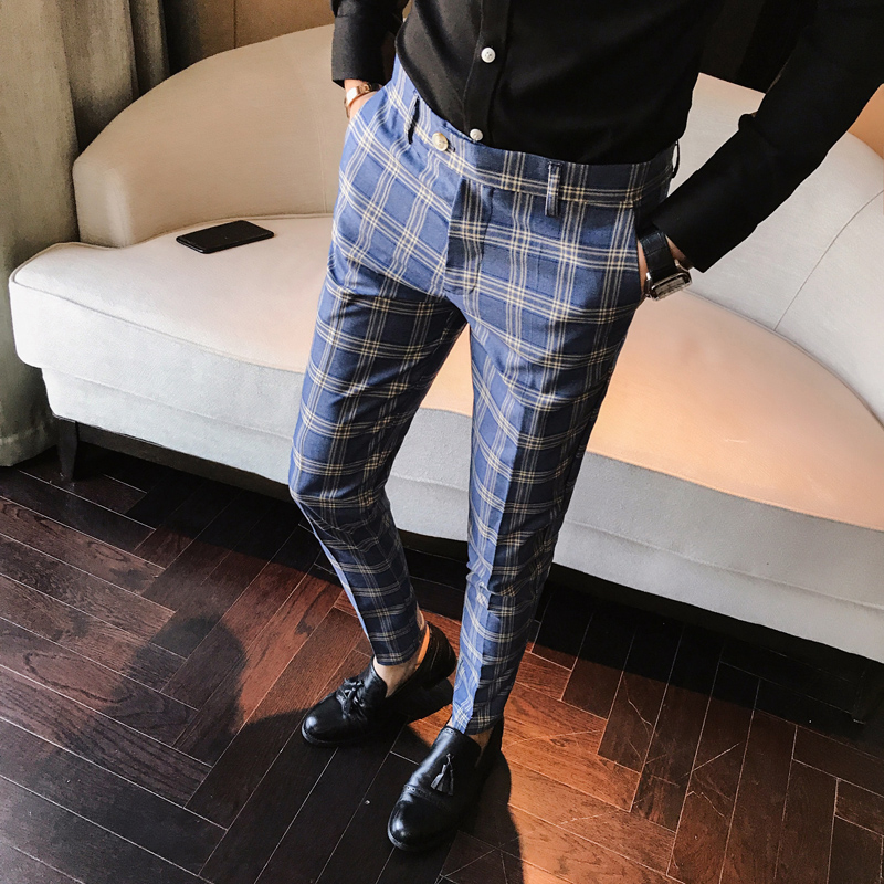 Miesten rento ruudullinen sininen harmaa slim fit housut brittiläiset housut mix väri puku housut nilkkapituus  x34