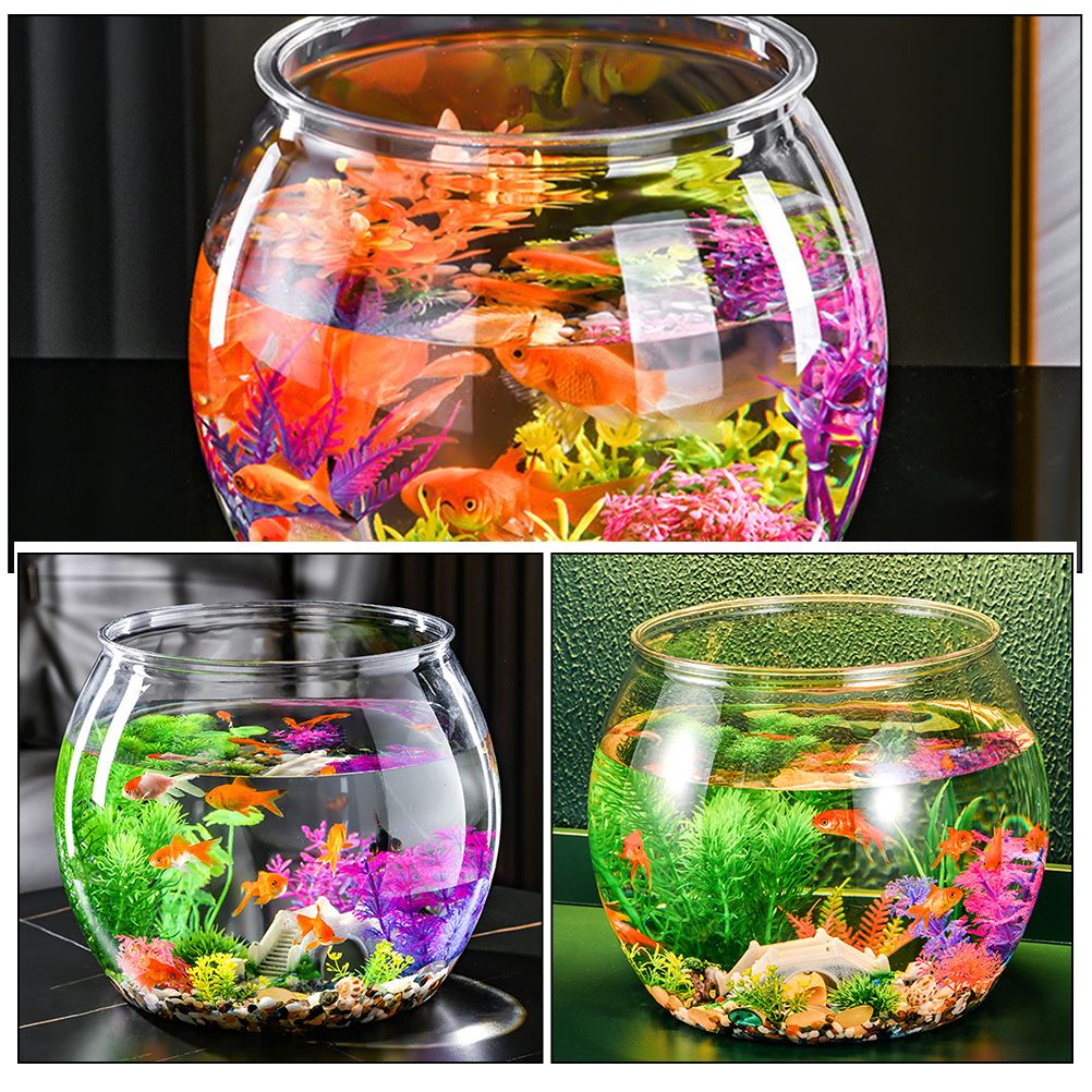 Pecera de plástico transparente para acuario pequeño, pecera redonda de escritorio, pecera dorada para decoración del hogar y la Oficina