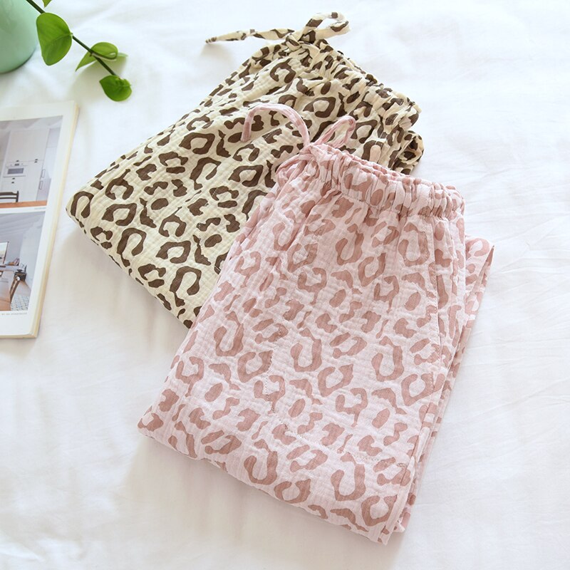 Japanese leopard print cotton pajamas women summer thin double layer gauze casual home trousers spring and autumn sleep bottoms