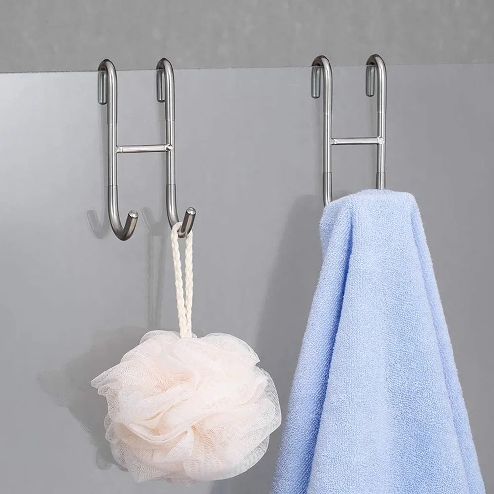 Gancio per porta della doccia in acciaio inossidabile sopra il gancio per porta in vetro senza telaio per asciugamani da bagno, portaoggetti per tergipavimento a sfera pulita a forma di S
