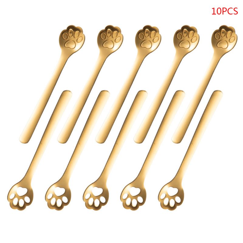 10 pçs bonito gato pata garra colheres de café de aço inoxidável oco mexendo colher de chá: Ouro / Dourado