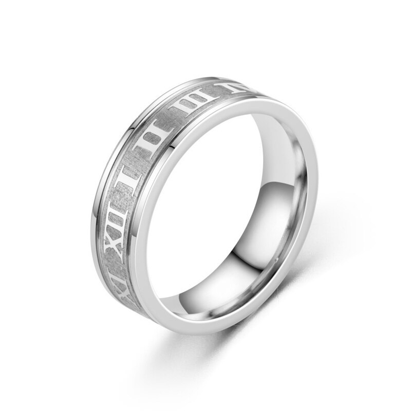 Classic Roman Numeral Men Rings Temperament Width 6MM Stainless Steel Finger Rings For Men Jewelry: size 12 / silver