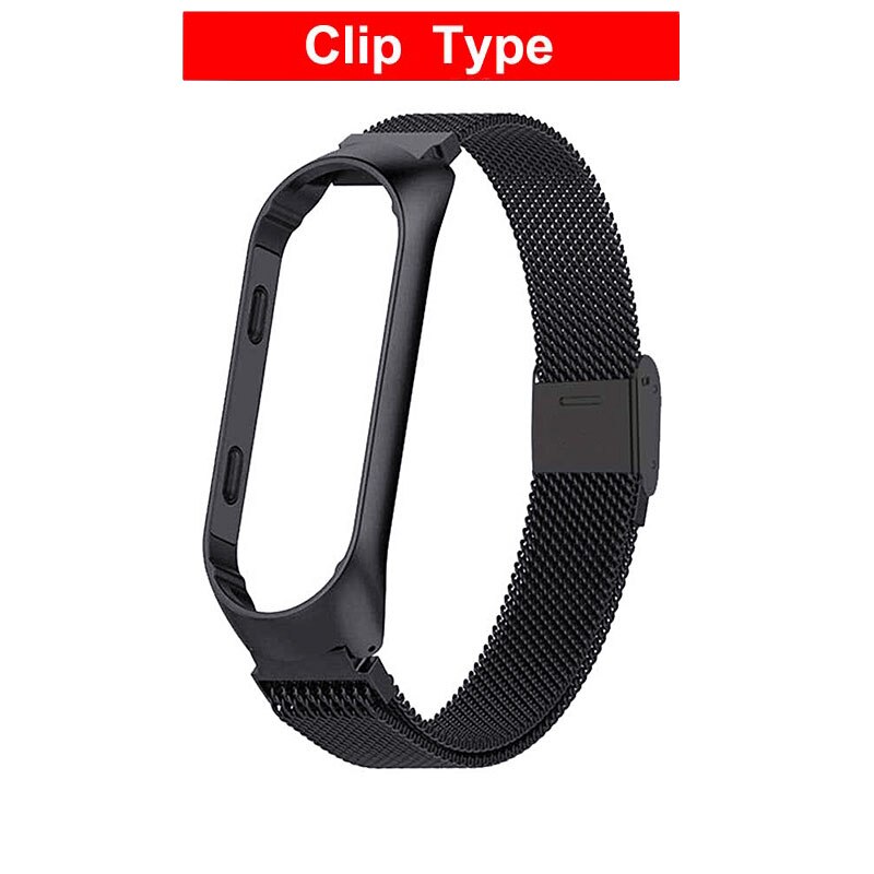 Rvs Pols Bandjes Voor Xiao Mi Mi Band 3 4 Metalen Horloge Band Smart Armband Voor Mi Band 4 3 Riem Vervangbare Horloge Bandjes: Black Clip Type