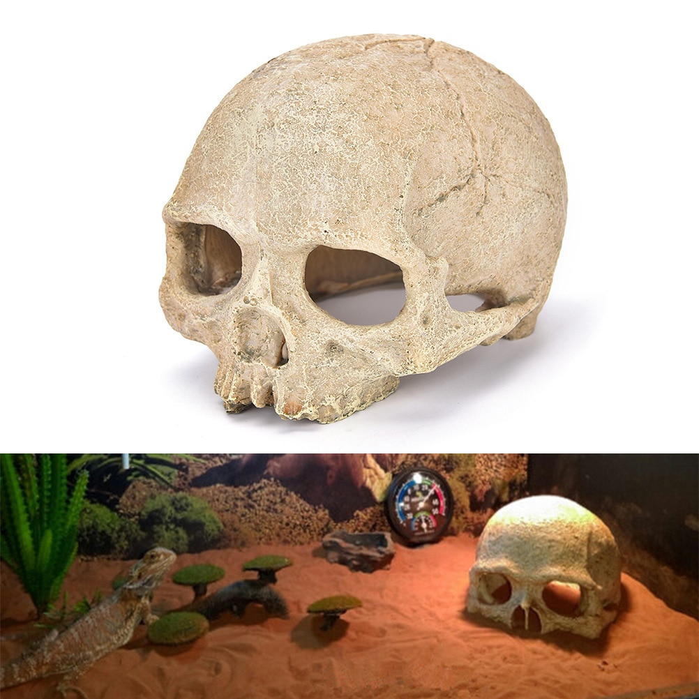 Resin Easter Island Head Bone Skull Statue for Lizards Terrarium Reptile Hide Cave Aquarium Fish Tank Landscape Decor Ornament