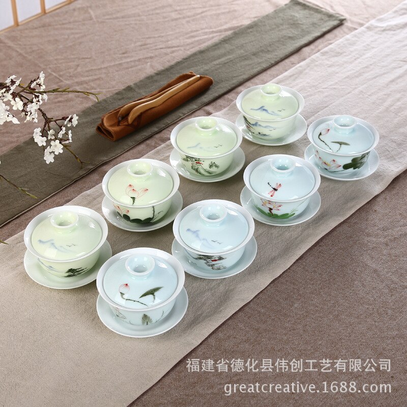 Cuenco De cobertura grande De porcelana Longquan Qing pintado a mano, cuenco De cobertura De tres solo cuenco, juego De té Kung Fu, ópera De cerámica Gaiwan