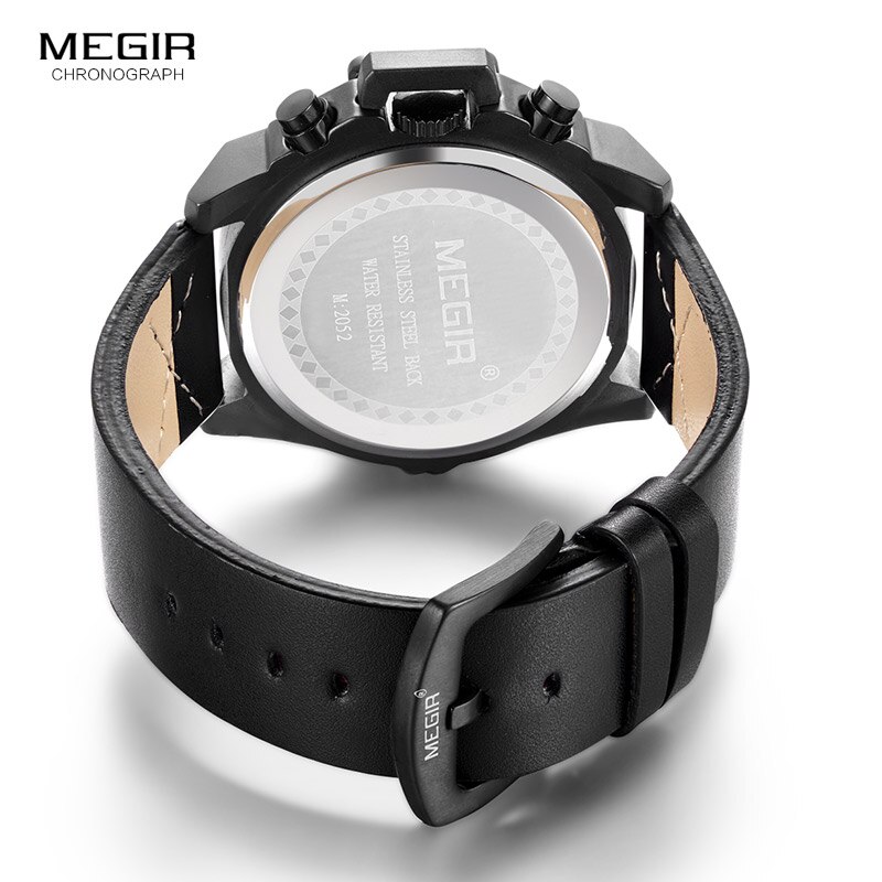 Megir Chronograaf 24-hour Display Quartz Horloges voor Mannen Jongens Mans Waterdichte Lederen Band Lichtgevende Polshorloge met Date2052G