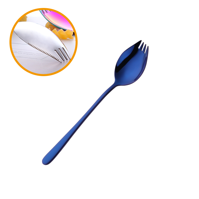 Ske gaffel genanvendelig langt håndtag salat ske rustfrit stål 3 in 1 dessert gaffel skeer servise: Blå