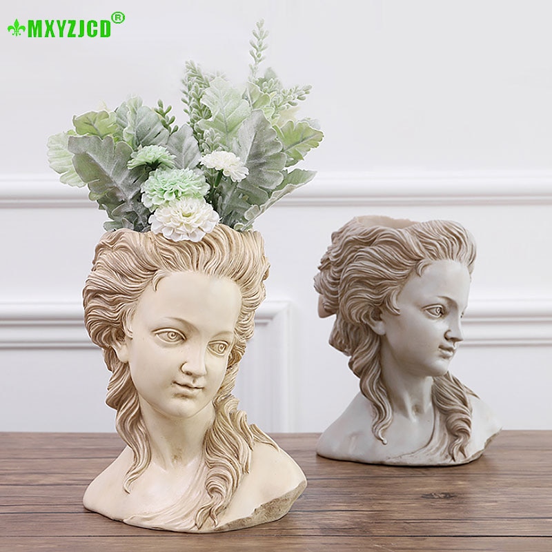 Grekisk Gudinna Huvud Blomkruka i Resin - Europeisk Retro Stil - För Sukkulenter och Bonsai