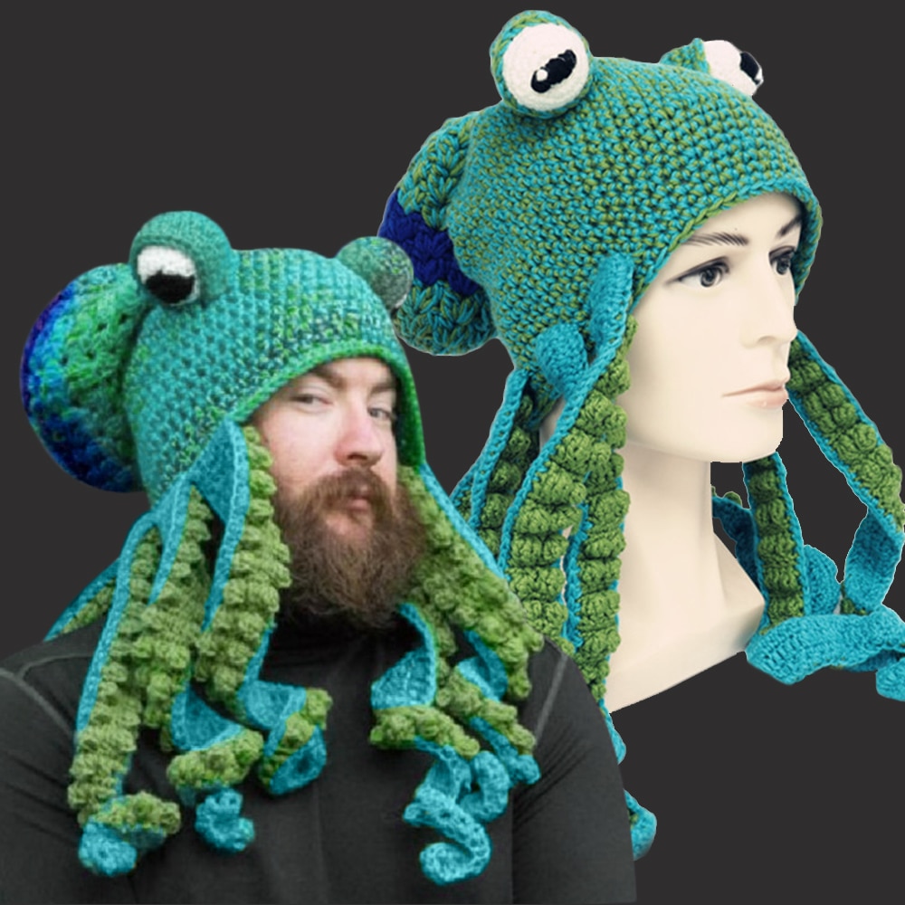 Knit Octopus Hats Beard Hand Weave Wool Christmas Cosplay Party Funny Tricky Headwear Warm Winter Men Hat Bonnet