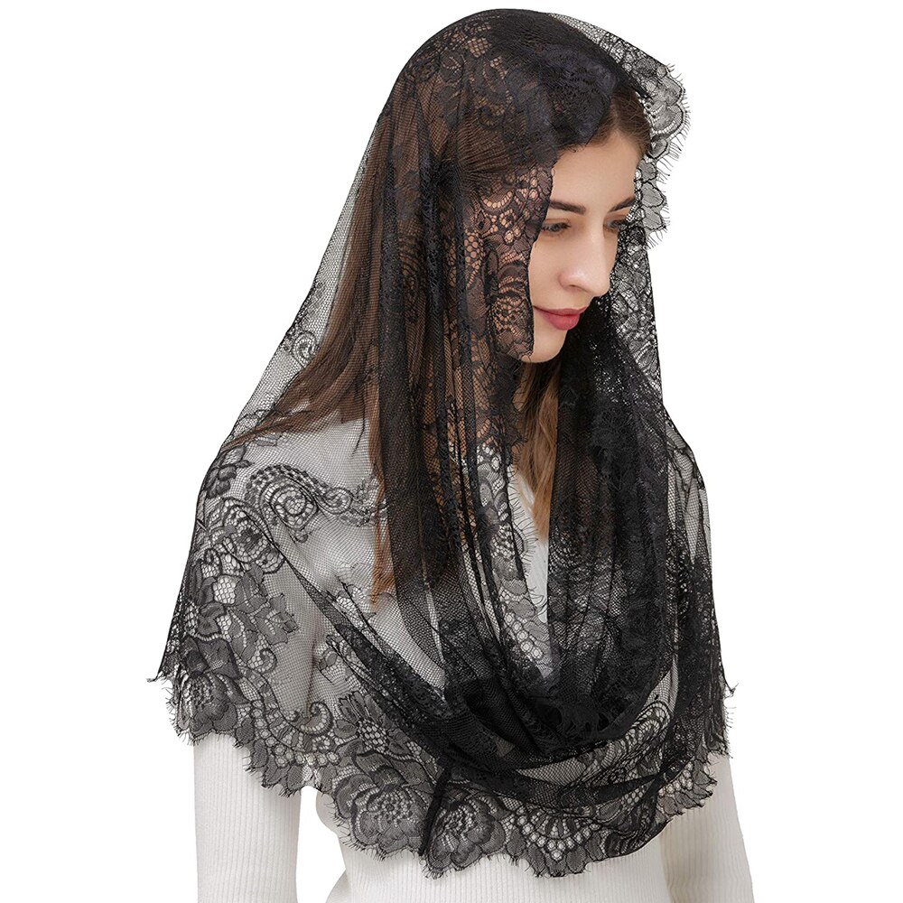 Women Vintage Infinity Scarf Lady Mantilla Lace Catholic Church Veil Head Covering Latin Mass Wedding Bridal Shawl Black