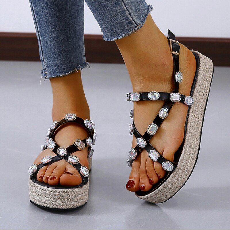 Open teen strappy slingbacks platte sandalen met grote strass steentjes voor dames met hoog platform