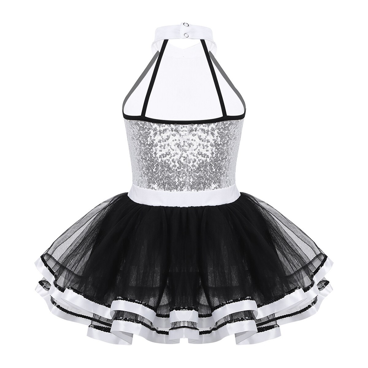 Kids Girls Ballroom Dance Costume Dancewear Shiny Sequins Mesh Decorative Button Ballerina Dance Gymnastics Leotard Tutu Dress