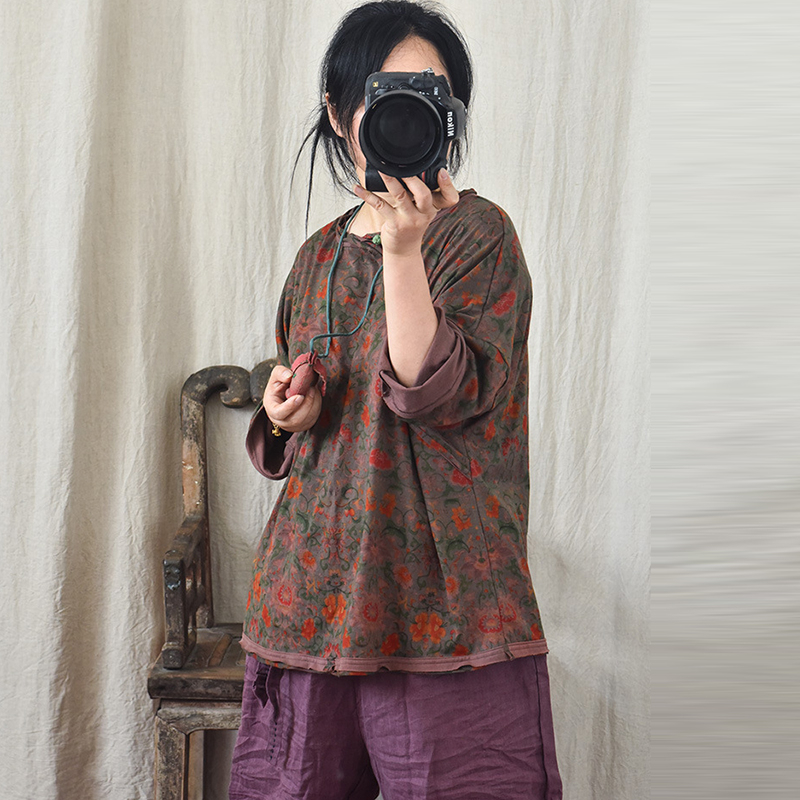 Kinesiske damet-shirts med lange ærmer i bomuld og hør, forårsprint, løse, afslappede toppe til kvinder, t-shirts  m965