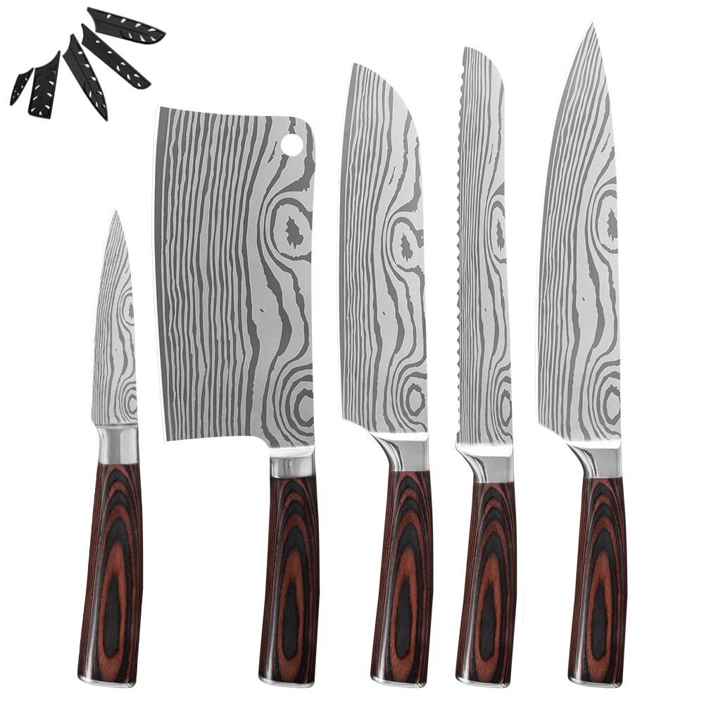 Sowoll køkken kokke knive sæt damaskus mønster klinge hakning santoku udbeningskniv kød fisk sushi madlavningsværktøj knivbetræk: G .5 stk sæt