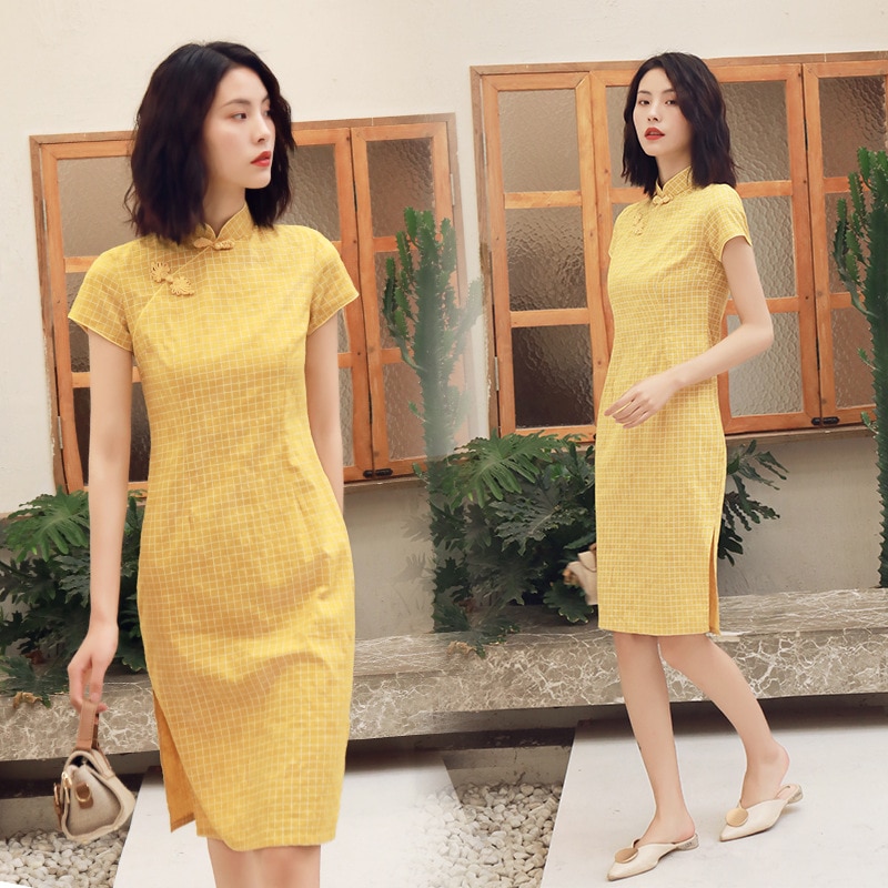 Vestido de primavera a cuadros de estilo chino, ajustado