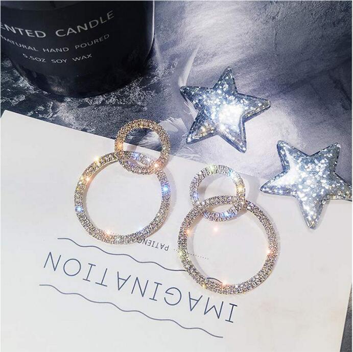 Annular Round Hoop Woman Earrings Double ring Rhinestone Office career Shining Korean Earrings Jewellery