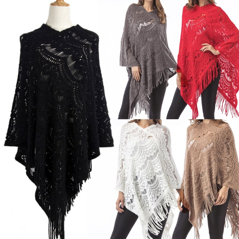 Women Hollow Out Crochet Sweater Cape Pullover Knit Shawl Scarf Tassel Poncho M89E