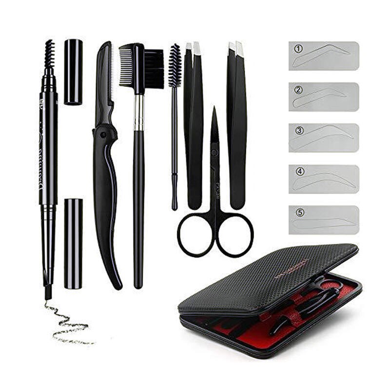 Leer Waterdicht Wenkbrauw Grooming Gereedschap Bag Mannen Wenkbrauw Template Shaper Rvs Schaar 13 Pcs Set Tool Opslag Pak