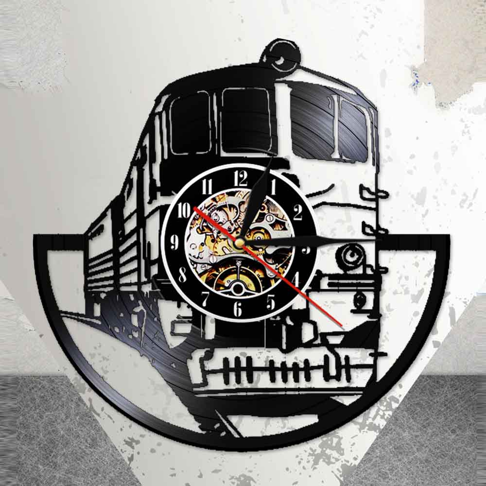 Tren cortado Longplay reloj tren transporte ferrocarril vinilo registro pared lámpara Vintage 3D Reloj de pared de cuarzo Satt