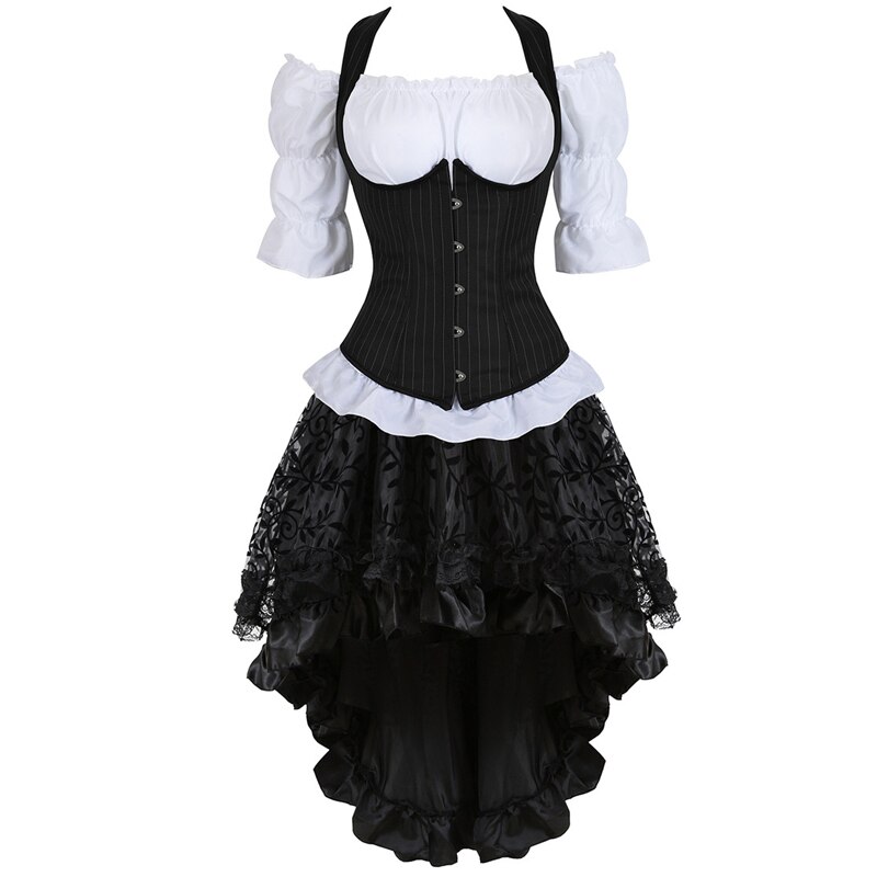 corset dress set burlesque skirt straps top vest stripe bustier corsets pirate lingerie plus size black 3 piece sexy cosplay