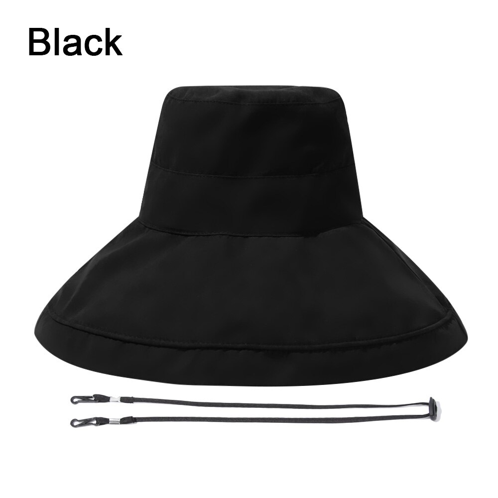 Women Bucket Hat Foldable Portable Outdoor Anti-UV Beach Sun Hat Big Visors With Windproof Rope Spring Summer Fisherman Cap: black