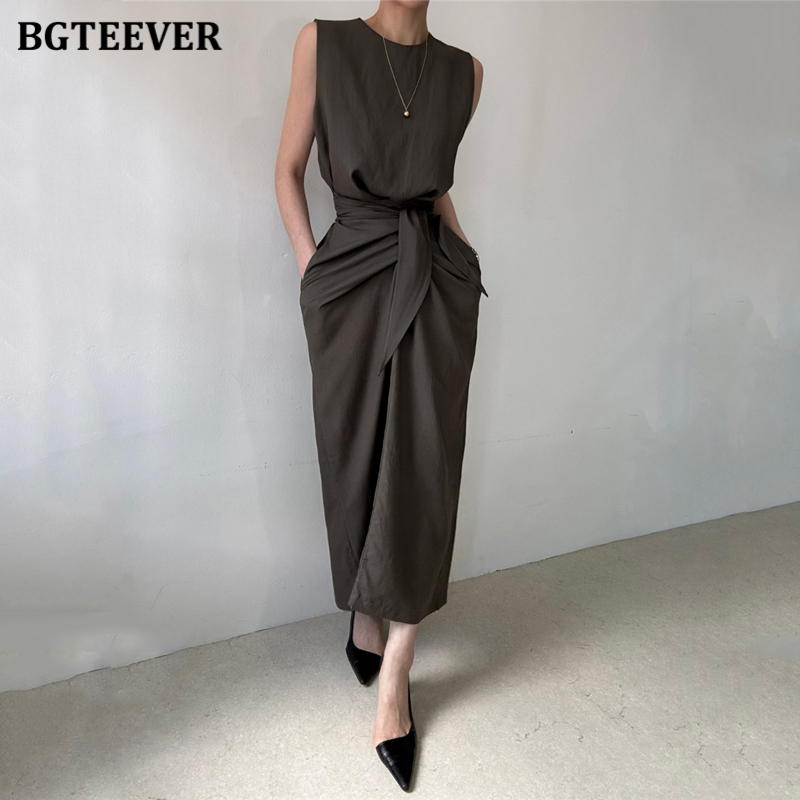 BGTEEVER Stylish O-neck Slim Waist Lace-up Female Bodycon Dress Summer Sleeveless Women Cotton Dress: Dark Brown