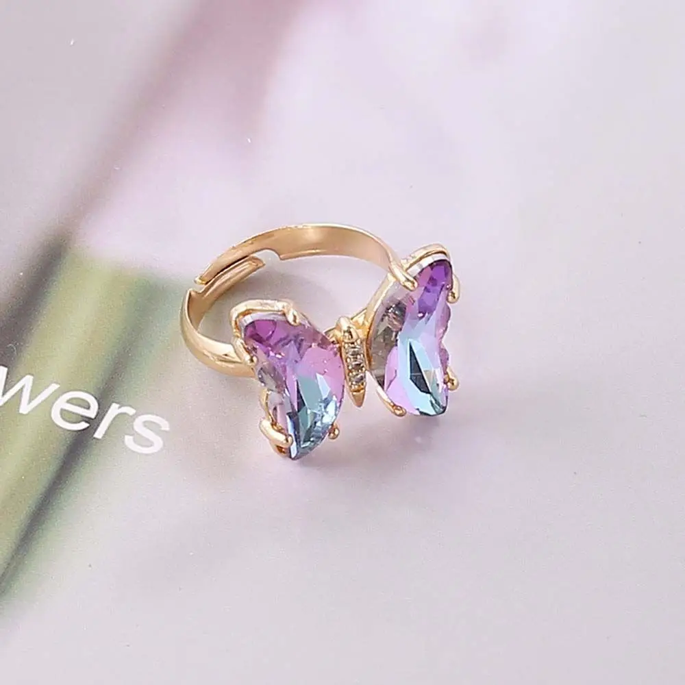 Adjustable Women Girls Korean Crystal Butterfly Open Ring Jewelry Finger Rings: Red