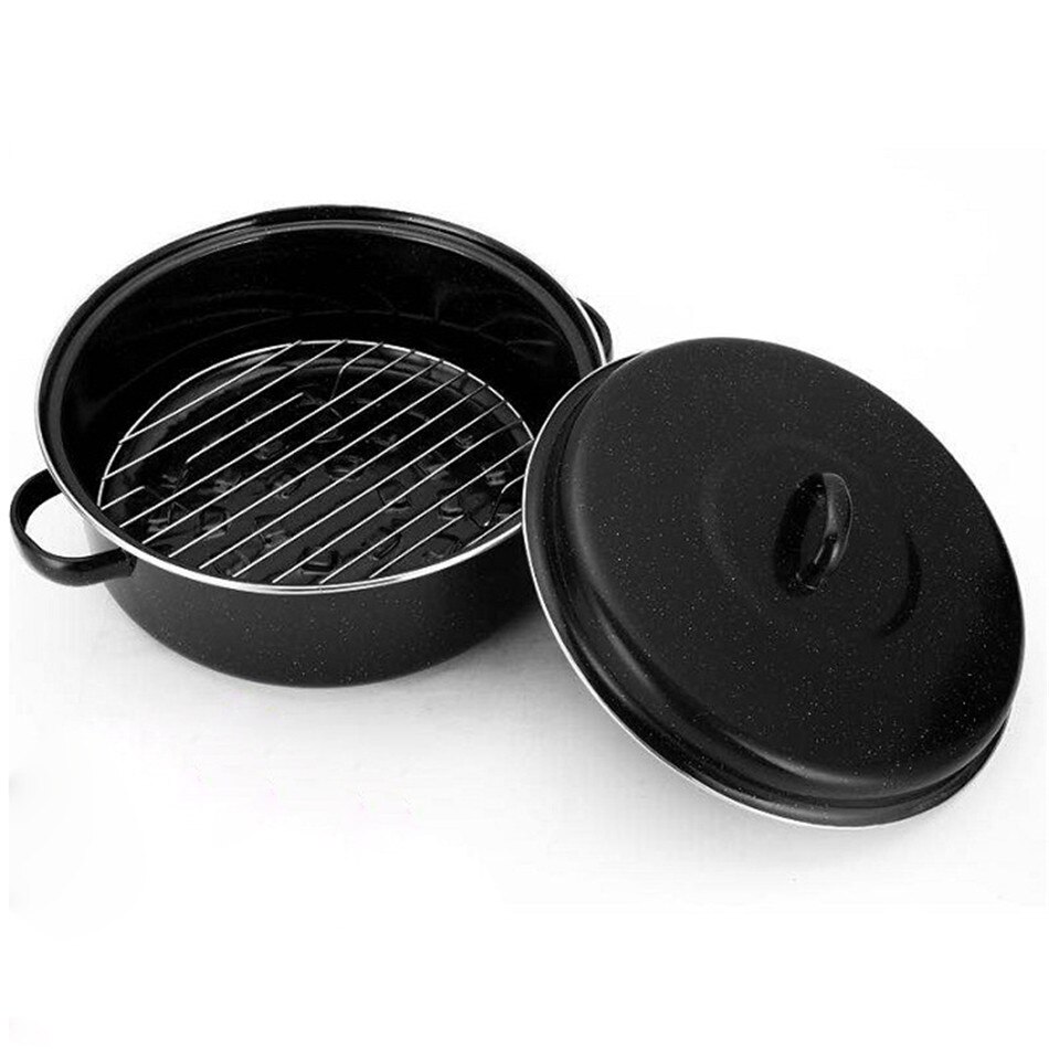 TTLIFE Round Enamel Roaster Tin with Lid Oven Roasting Baking Dish Tray Black Steamer Pot Cooking Kitchen Tool Cookware