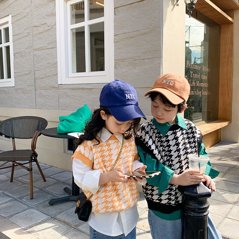 2022 Lente Unisex Mode Plaid Gebreide Vest Jongens Meisjes Losse Casual Mouwloze Truien