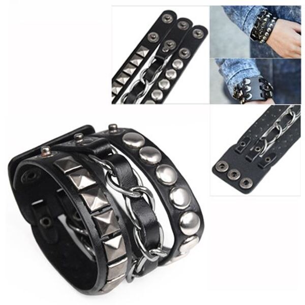 Punk rock klinknagel meerdere lagen cirkels piramide stud ketting leren armband
