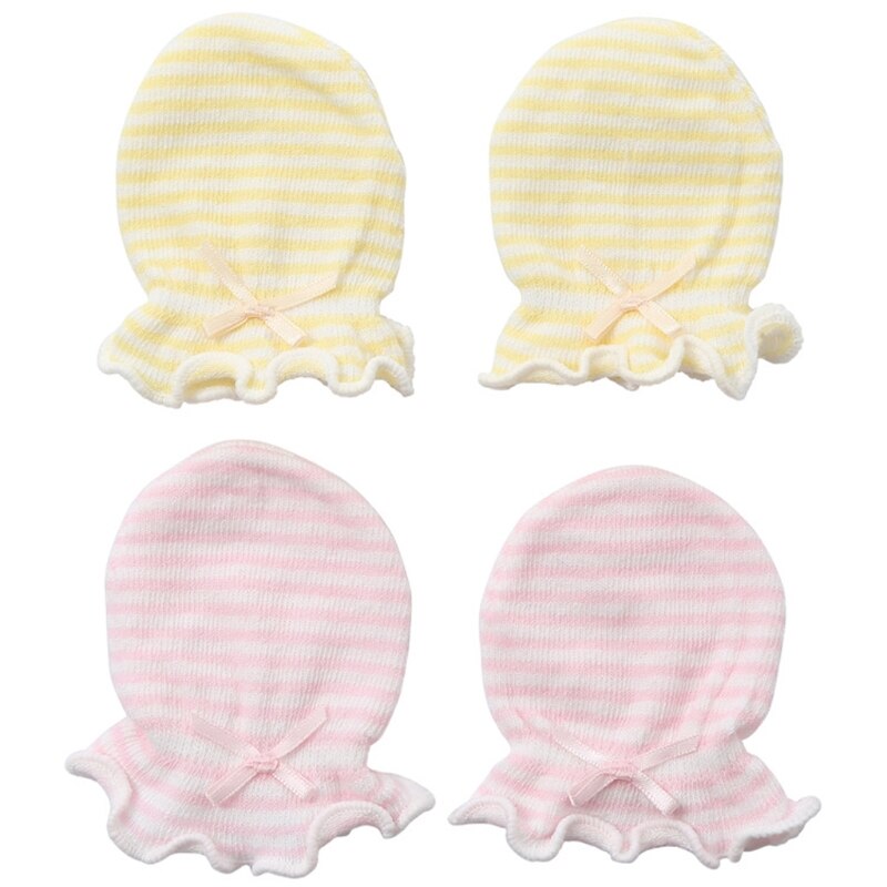 2 Pairs Leuke Gestreepte Baby Anti Krassen Handschoenen Pasgeboren Baby Katoenen Handschoenen Gezicht Bescherming Baby Wanten Anti-Grijpen Mitten: E