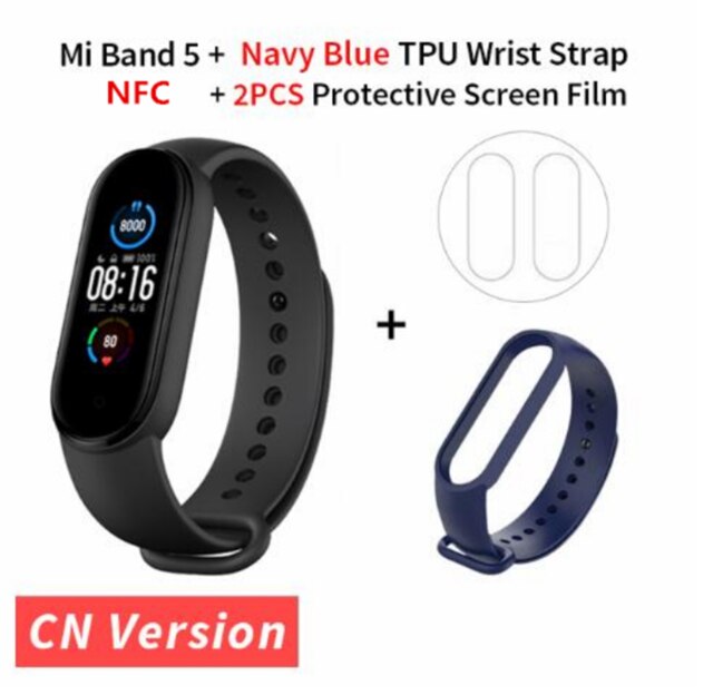 Xiaomi Mi Band 5 NFC Version Smart Bracelet AMOLED Screen Miband 5 Smartband Fitness Traker Bluetooth Heart Rate Smart Band: navyblue strap film
