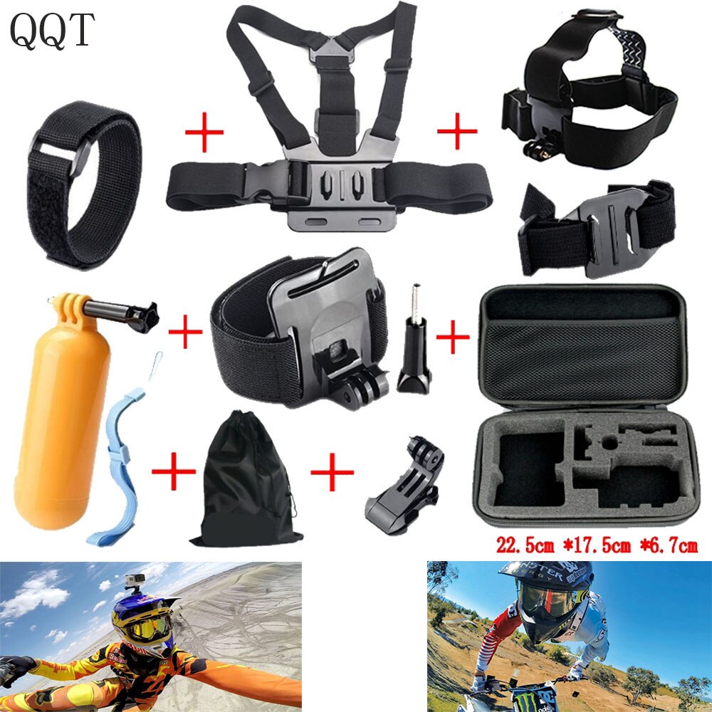 QQT für Gopro Zubehör für go pro hero 8 7 6 5 4 kit 3 weg selfie stick für Eken h8r/für xiaomi für yi EVA fall: gelbe farbe