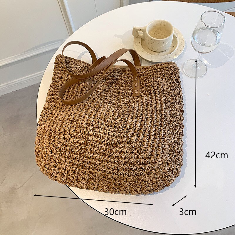 Vierkante Stro Strandtas Handgemaakte Geweven Schoudertas Vrouwen Raffia Shopper Reistas Bohemian Zomervakantie Casual Handtas Totes: a-khaki