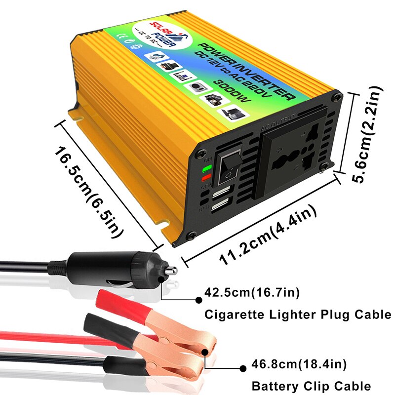 DOXIN Solcelleinverter til Bil 300W - DC 12V til AC 110V/220V - Sinusbølge Konverter