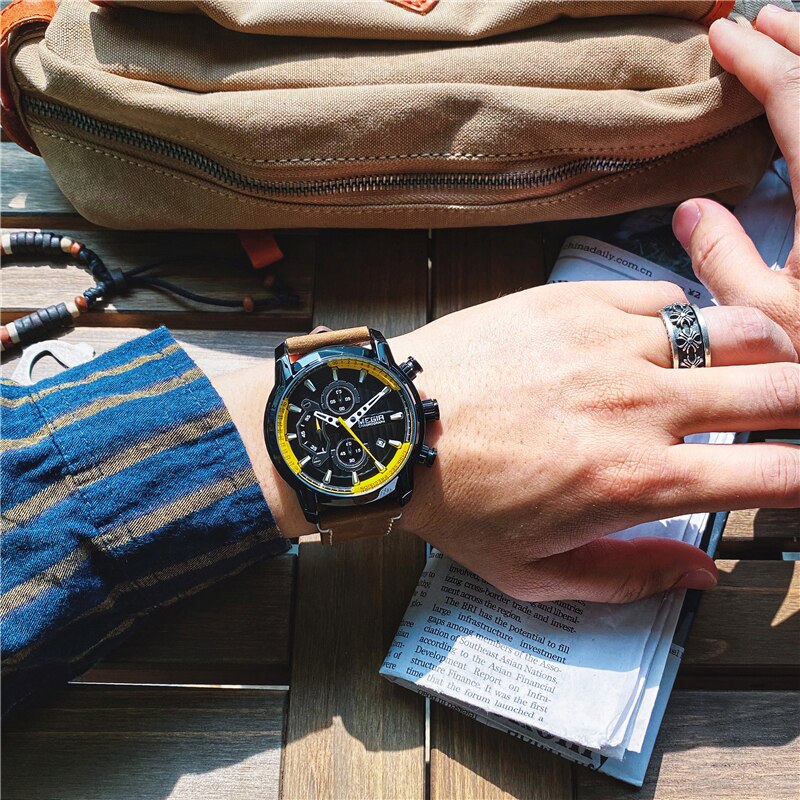 Megir sporthorloges voor heren, waterdicht, lichtgevend, herenhorloge, leren chronograaf, quartz, legerhorloge, herenhorloge