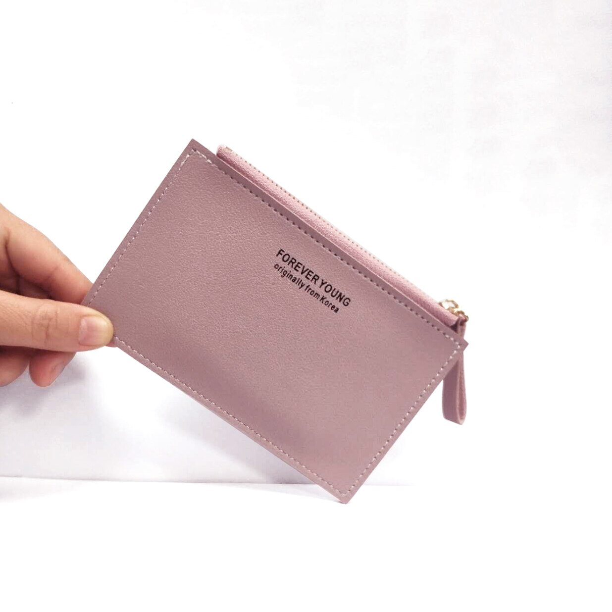 Kvinders kreditkort id-kort multi-slot kortholder kvinders pu lille tegnebog kreditkort sag lomme bankkortholder med lynlås: Lilla lyserød