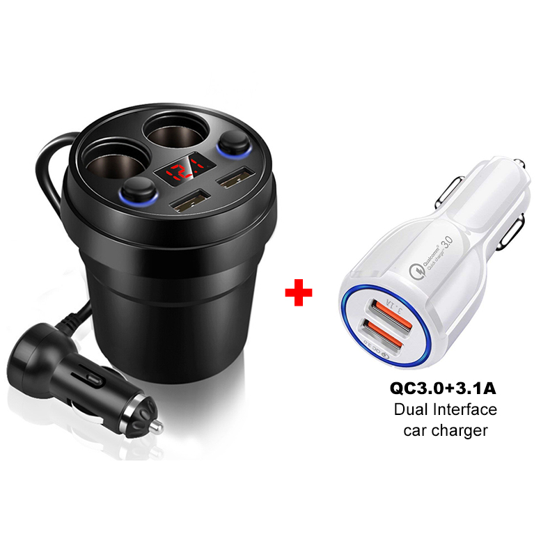 Auto-oplader mobiele telefoon auto charger3.1A dual USB een voor vier sigarettenaansteker cup auto oplader voor iphone x xiaomi samsung s10: 2in1white