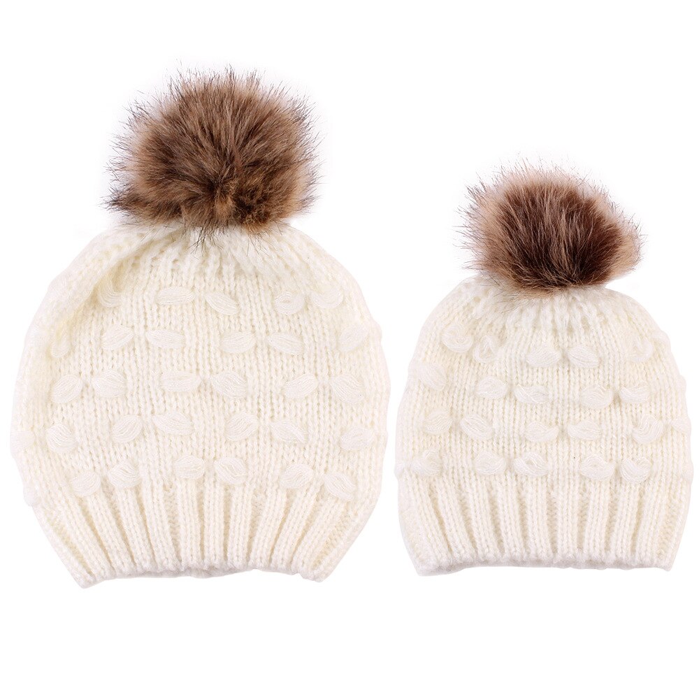 2pc mamma låve strikket ull hatt baby vinter varm hette pompom boble lue hattemaker baby strikk soild bomull blanding kvinner varm vill søt: Hvit