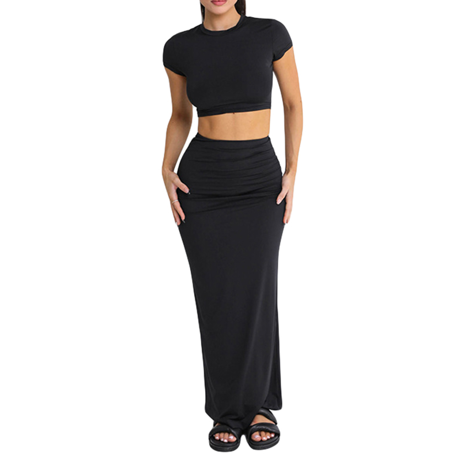 Combhasaki Women’s 2Piece Summer Y2K Slim Fit Outfits Set Short Sleeve Solid Color Crop Tops + Wlastic Waist Packaged Long Skirt: L / black