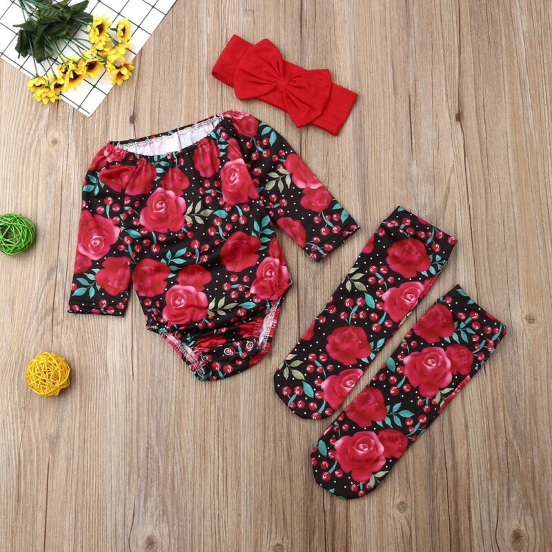 Newborn Kid Baby Girl Floral Clothes Off Shoulder Romper Socks Headband Outfit