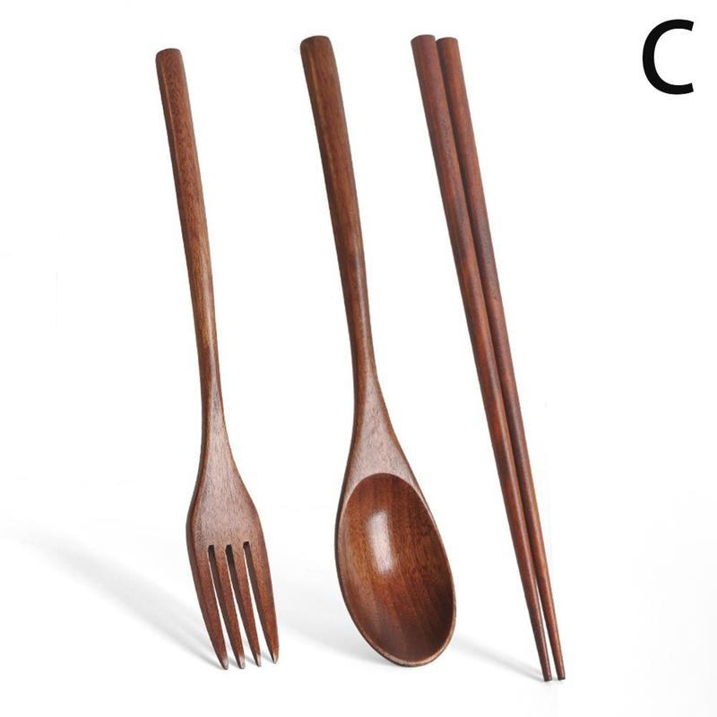 Ensemble de vaisselle en bois coréen, couleur en bois, cuillère en bois, baguettes de couple, longue cuillère en bois, fourchette baguettes h D3Z3 3 pièces: C
