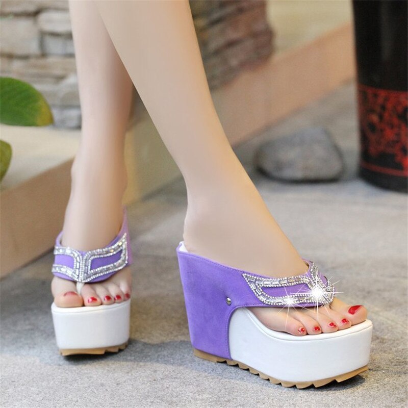 Rhinestone Sandals Thick Heel With Feather High Heel Wedge Wedge Platform Wedge Shoes Women Slippers Sandals