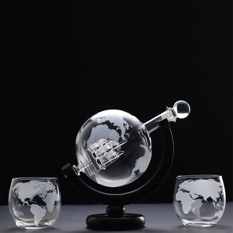 Decantador de whisky globo aireador de vino, conjunto de cristal de calavera de velero dentro de cristal con soporte de madera fina, decantador de licor para taza de Vodka