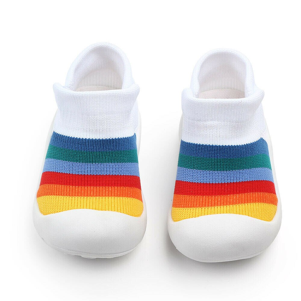 Baby eerste loopschoenen zomer herfst peuter baby unisex wieg schoenen kinderen kleurrijke regenboog geweven zachte zool elastische schoenen: Wit / 17