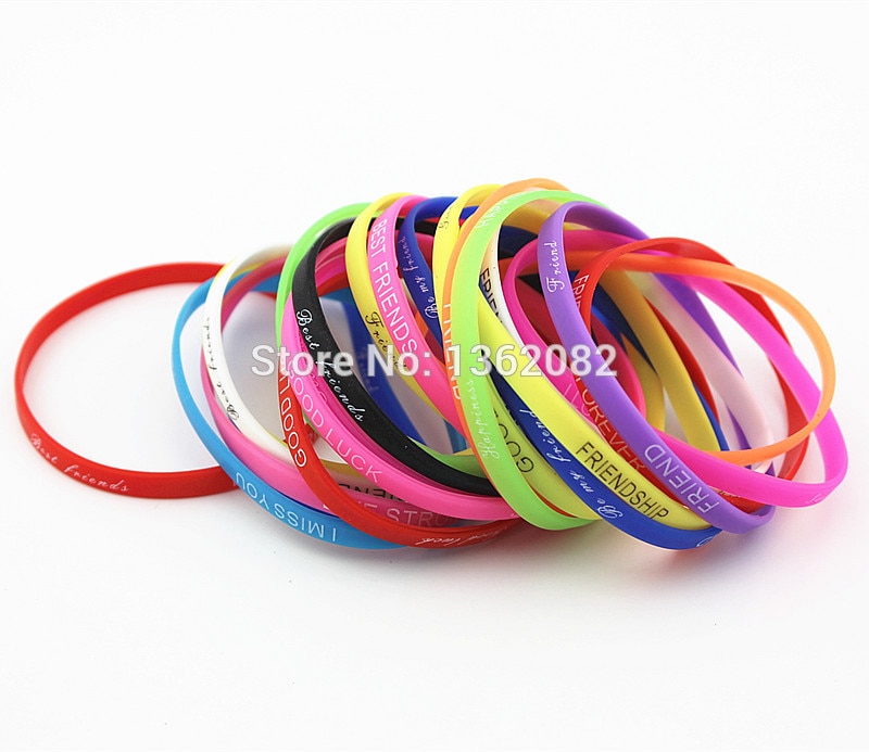 Pulsera de silicona con estampado de letras de colores variados para hombre y mujer, brazalete de Amistad de goma elástica de 5mm, joyería para hombre y mujer MB192, 20 Uds.